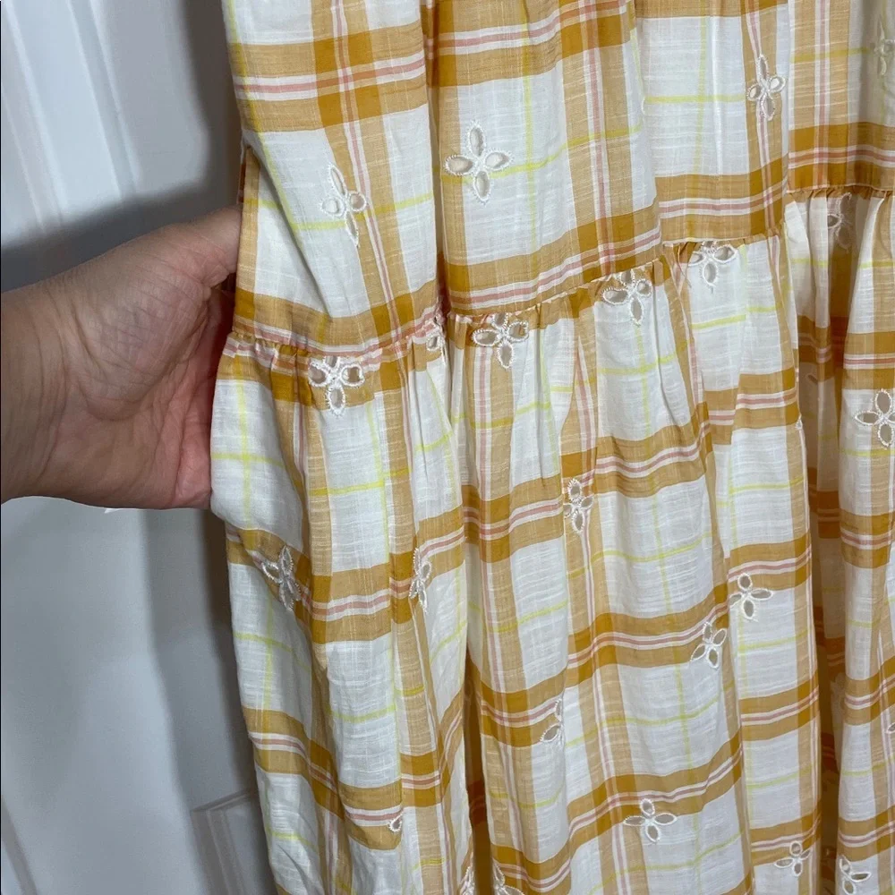 Anthropologie Puff-Sleeve Eyelet Midi Dress Size Large Smocked Plaid Yellow - Picture 3 of 17